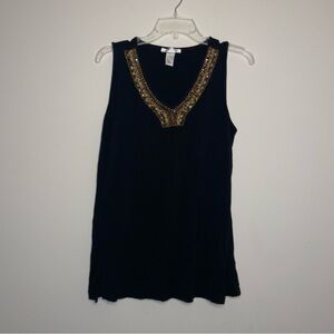 Kenar Black Tank Top with Gold Beaded Neckline Accents